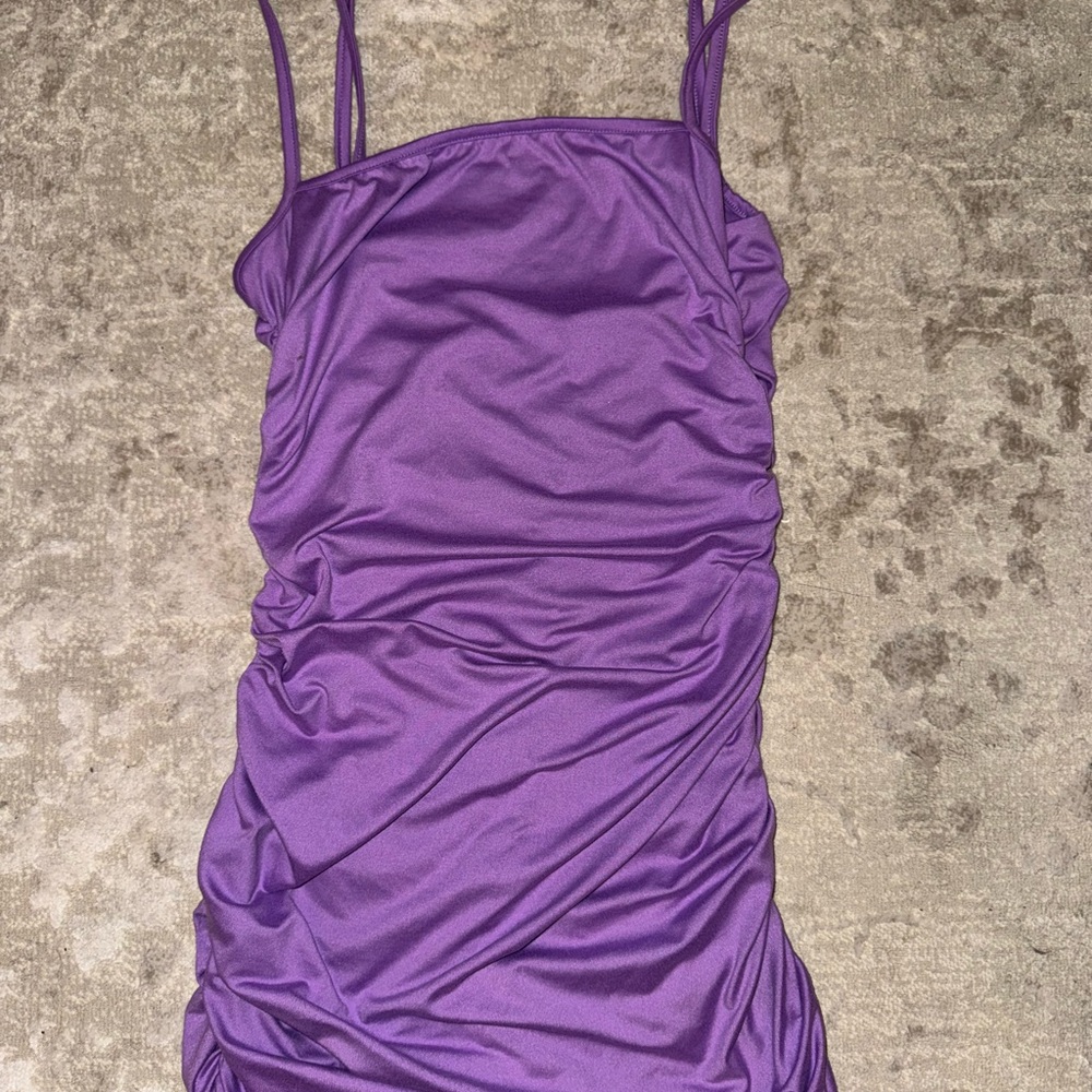 Ruched purple mini dress